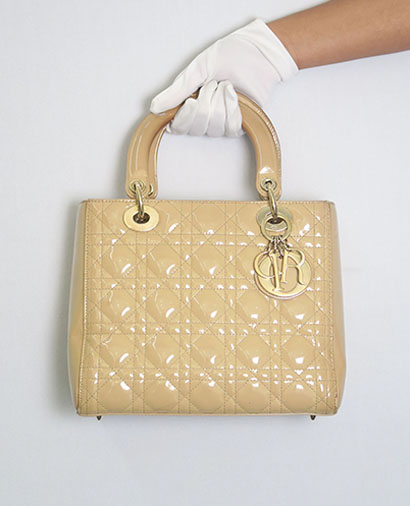Medium Lady Dior, &pound;650, Handbags, Beige, Patent Leather, Front view